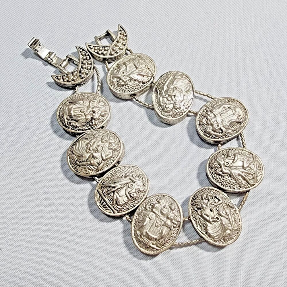 Vintage Silver Tone Classical Greek Roman Medallion Slide Bracelet
